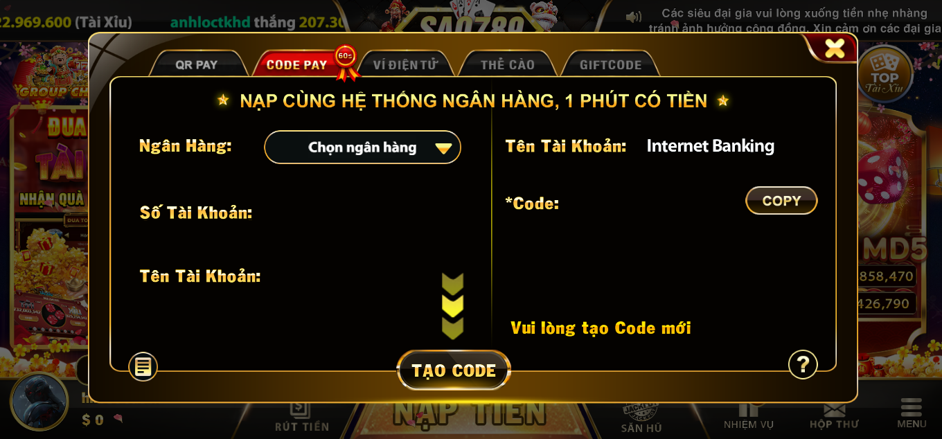 Nạp tiền Internet banking vào sao789